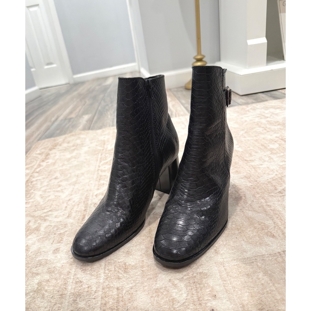 Antonio de Faria Black Snakeskin Embossed Leather Block Heel Ankle Boots 9.5